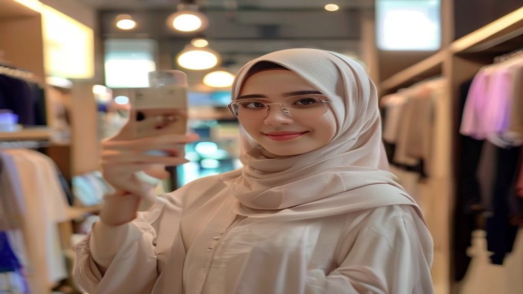 Gambar wanita berhijab stylish dengan produk fesyen muslim terbaru